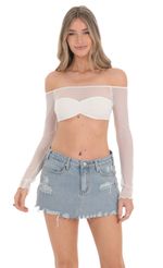 Picture Off Shoulder Mesh Top in White. Source: https://media-img.lucyinthesky.com/data/Feb24/150xAUTO/ccc369e5-00fe-4243-b8d3-7ac72ad3b8ac.jpg