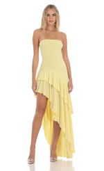 Picture Strapless Ruffle Asymmetrical Maxi Dress in Yellow. Source: https://media-img.lucyinthesky.com/data/Feb24/150xAUTO/fe3b7620-8b83-44bb-bcce-a18b541b2786.jpg