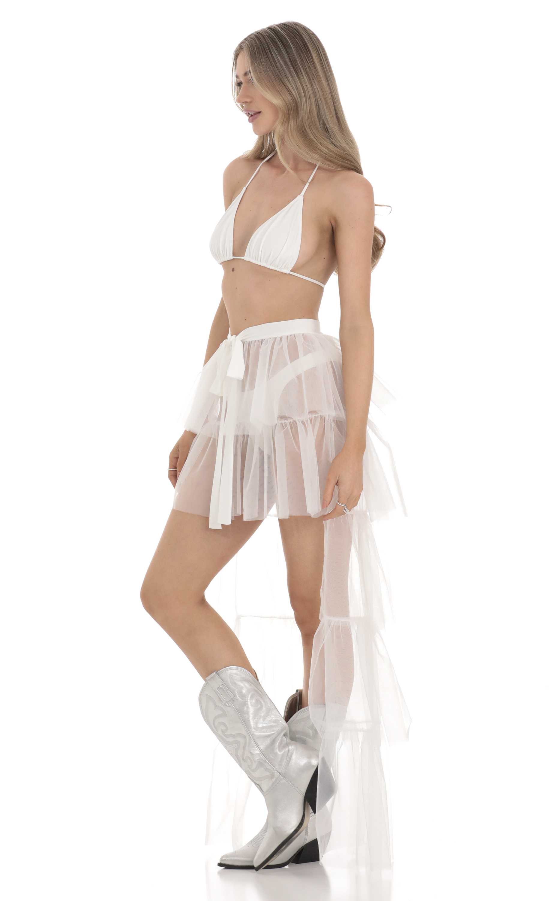 High Low Tulle Ruffle Skirt in White
