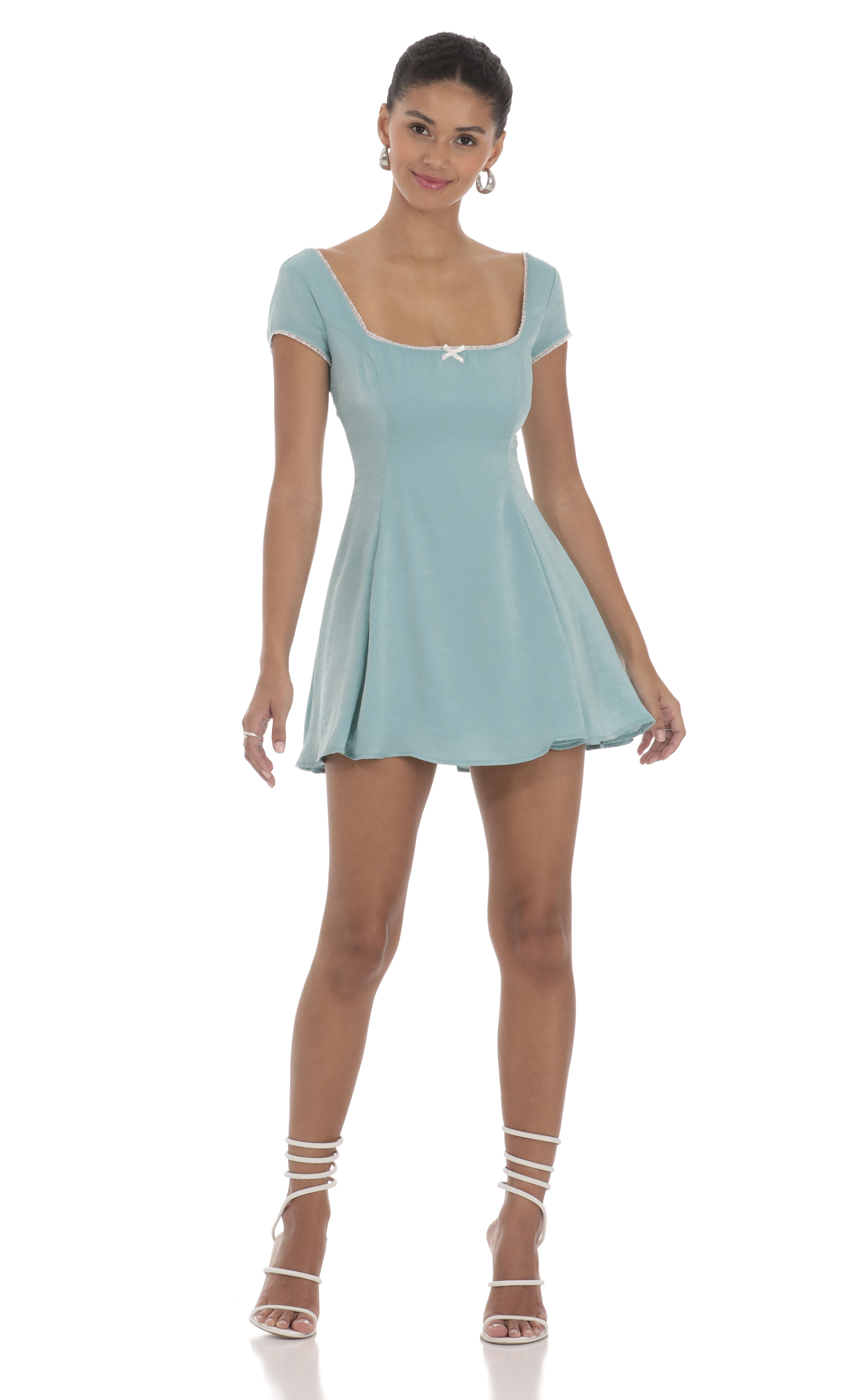 Satin Short Sleeve A-line Dress in Aqua Blue