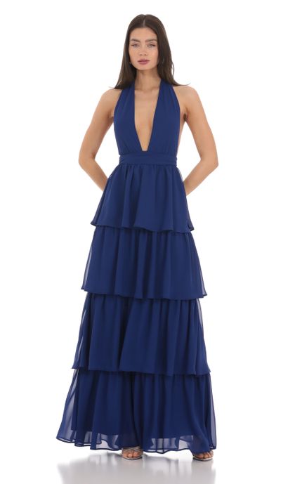 neia ruffle dress in blue chiffon neia ruffle dress in blue chiffon