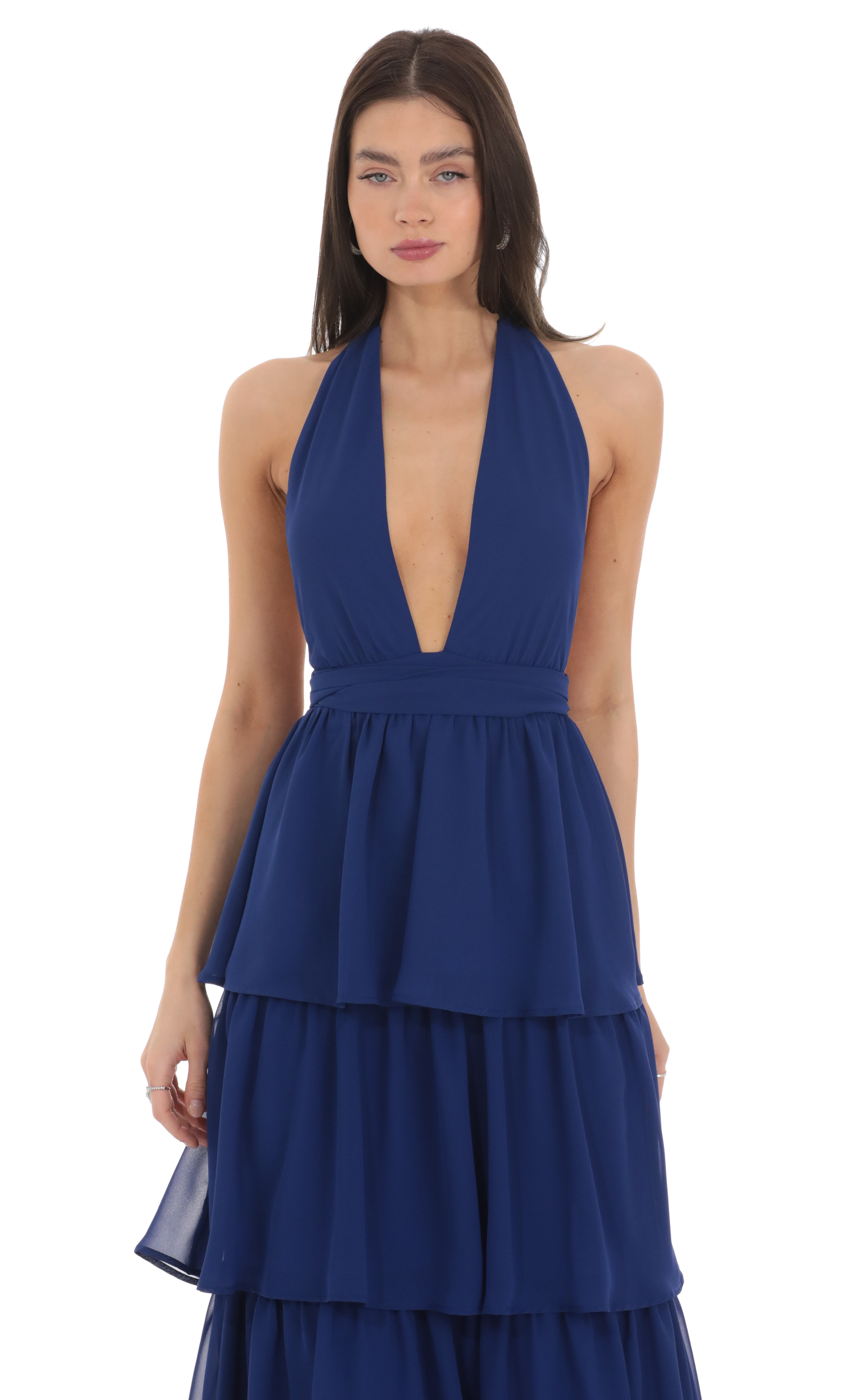 neia ruffle dress in blue chiffon Neia Ruffle Royal Blue Dress