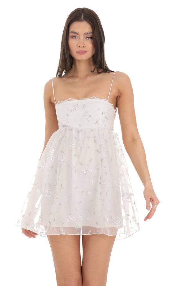 Floral Embroidered Babydoll Dress in White