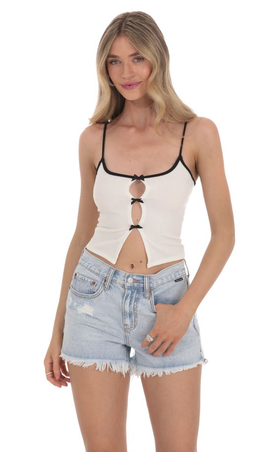 Triple Bow Ribbed Top in White