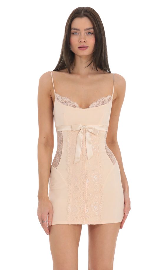 Lace Cutout Bow Dress in Peach