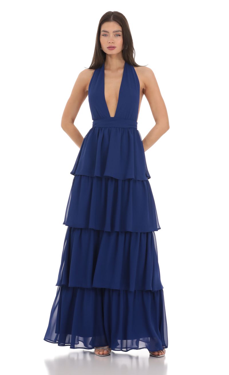 Chiffon Plunge Ruffle Dress in Blue | LUCY IN THE SKY