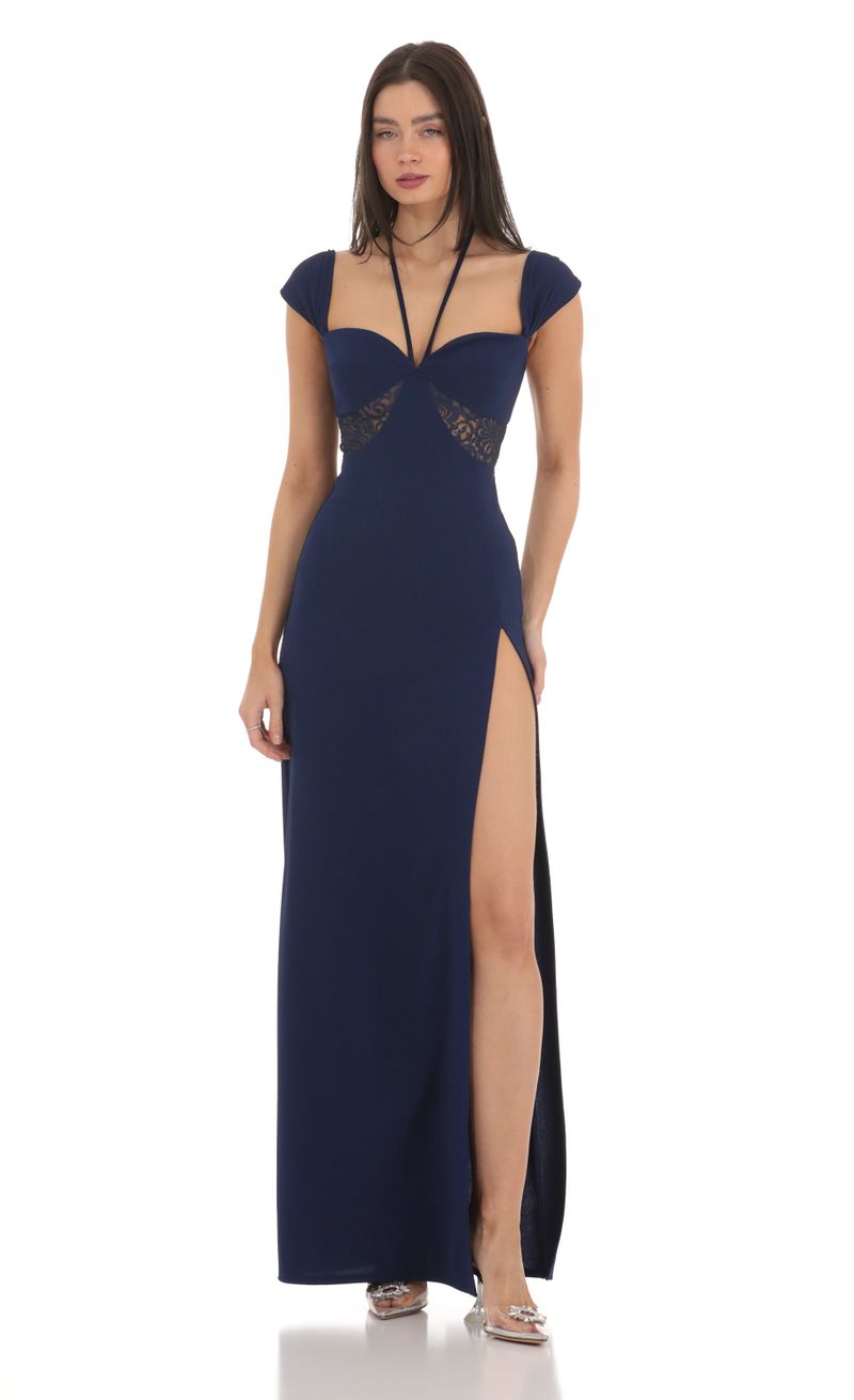 knee length dresses for ladies Navy Lace Top Maxi Dress with Open Back and Side Slit main image 0
