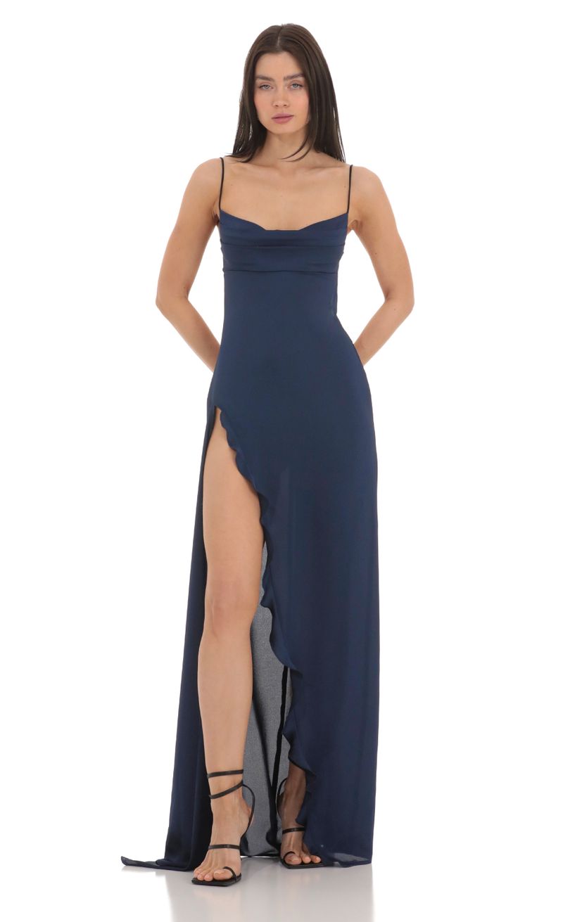 Cowl Neck Satin Open Back Maxi Dress in Navy