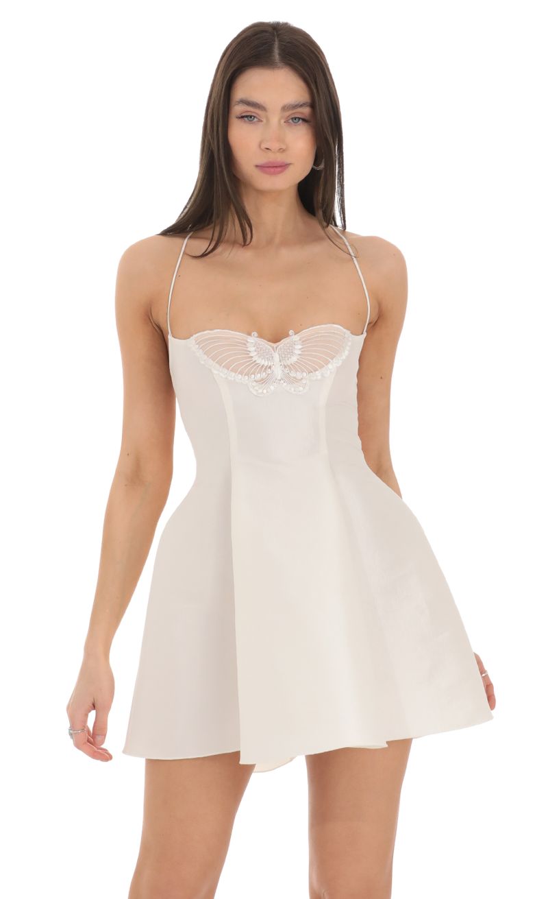 Butterfly Strapless Fit and Flare Dress in White