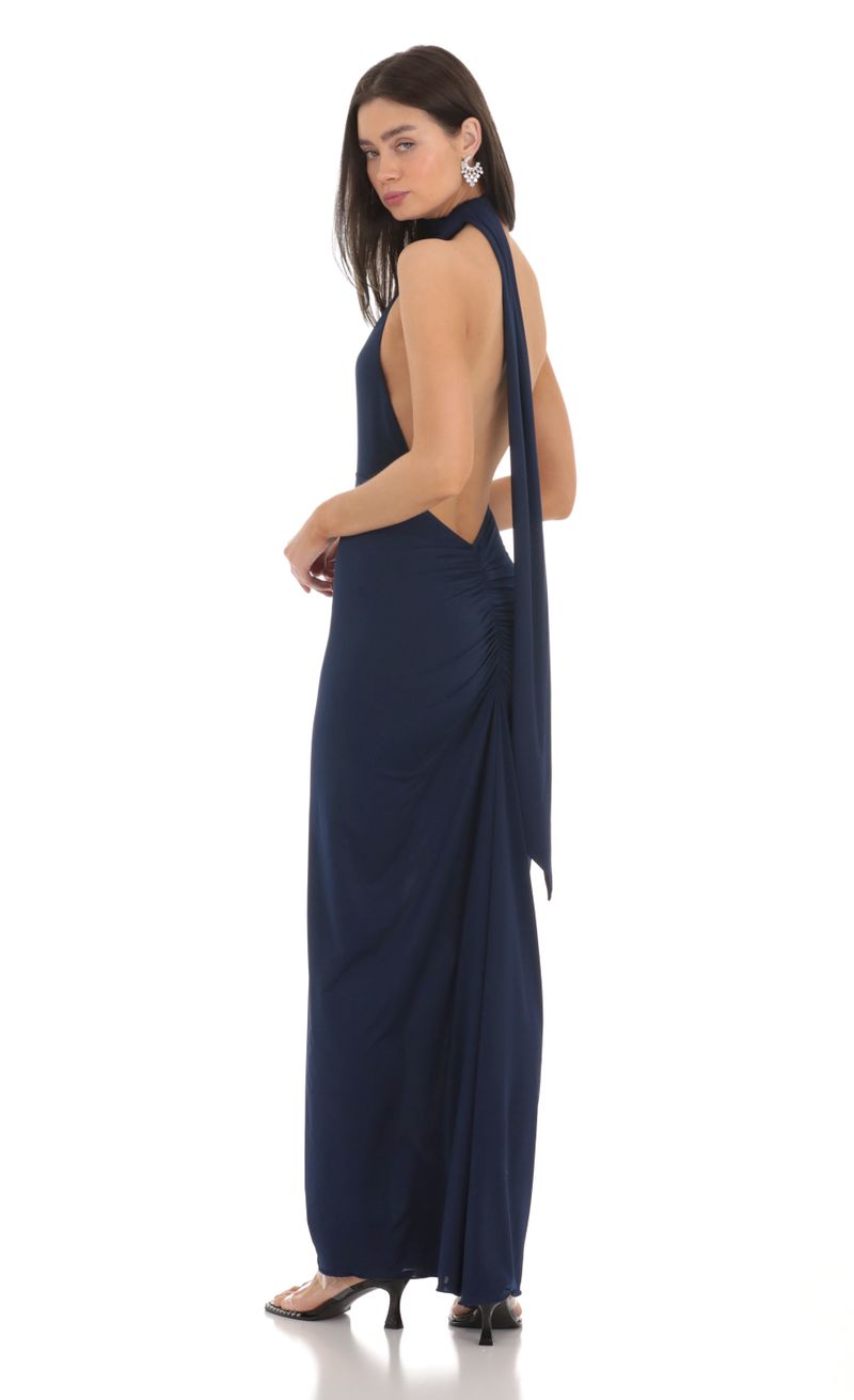 One Shoulder Scarf Strap Maxi Dress in Navy