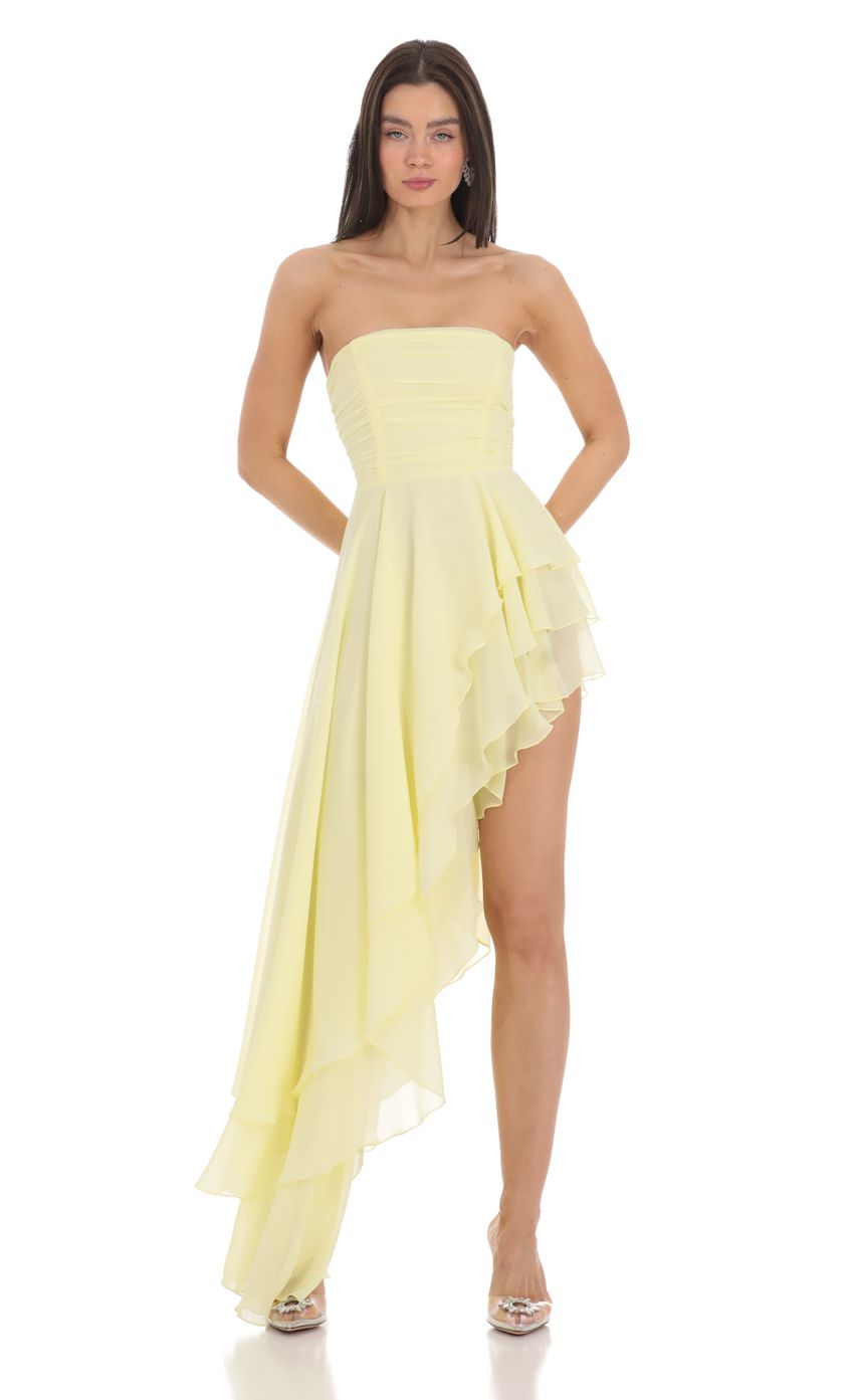 Picture Strapless Asymmetrical Corset Dress in Yellow. Source: https://media-img.lucyinthesky.com/data/Feb24/850xAUTO/10673153-05b2-4d28-8eca-3a7ed6a92514.jpg