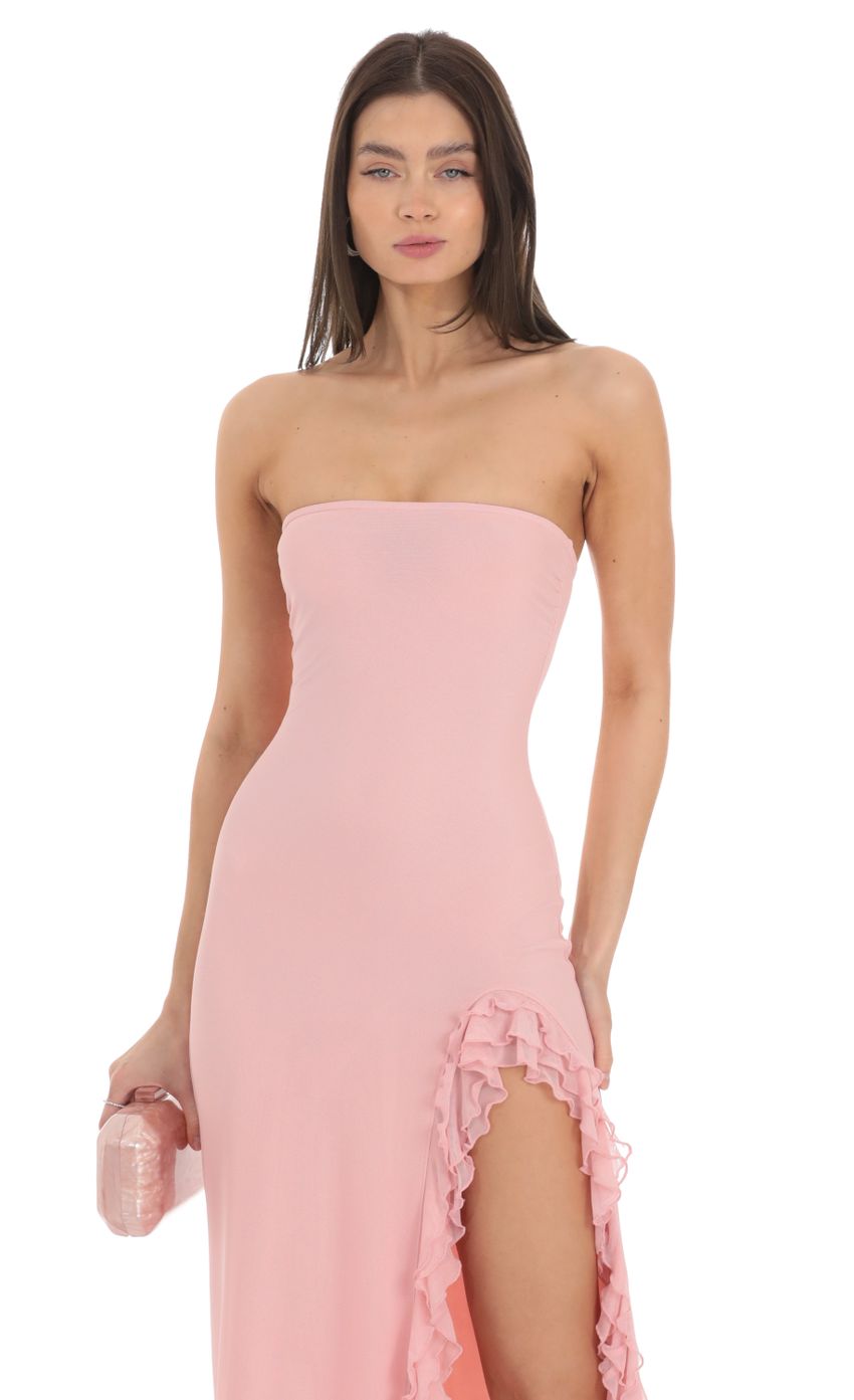 Picture Strapless Mesh Ruffle Maxi Dress in Pink. Source: https://media-img.lucyinthesky.com/data/Feb24/850xAUTO/1f2eefed-2165-4da6-8c27-498b16933a38.jpg