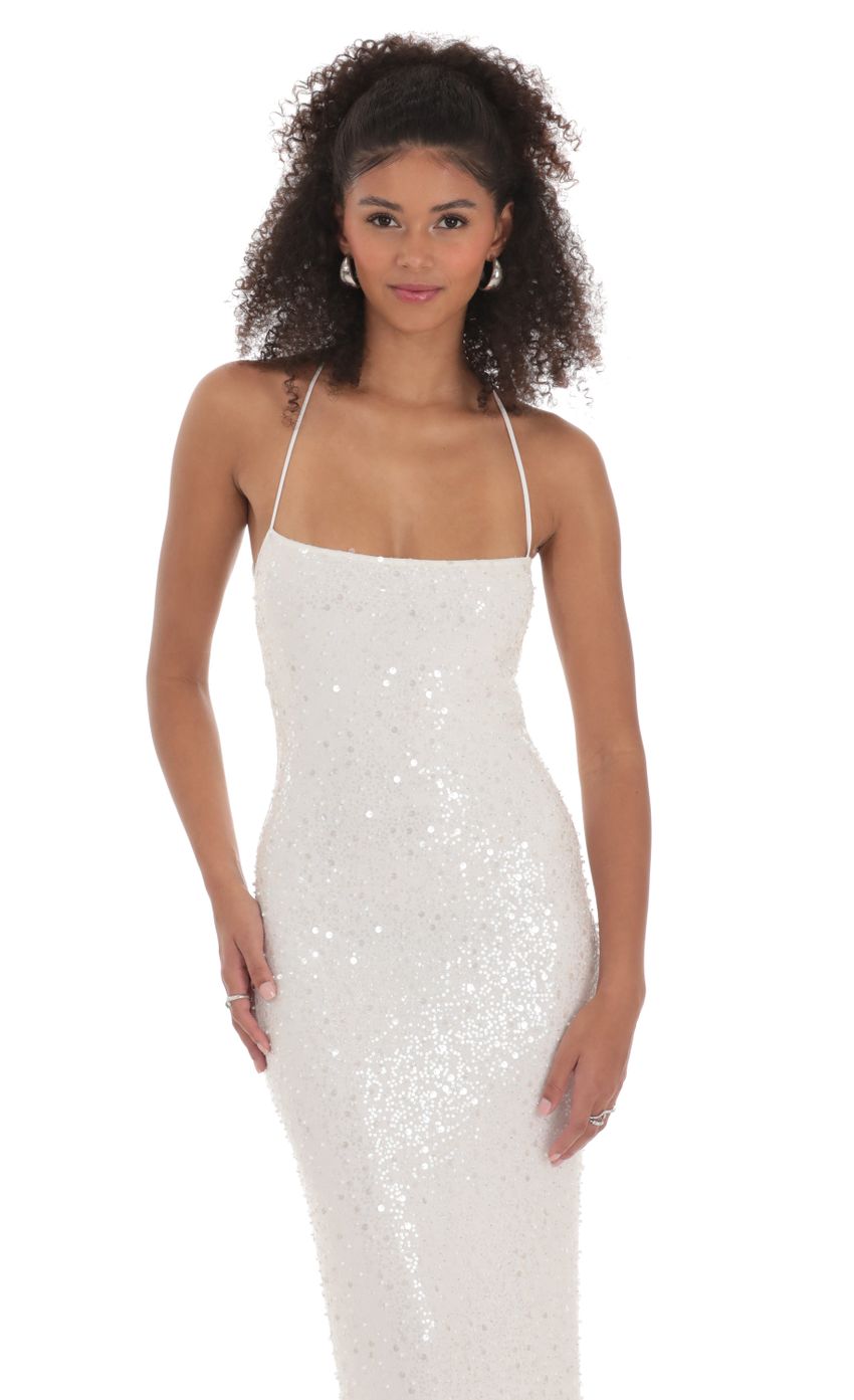 Picture Sequin Mesh Maxi Dress in White. Source: https://media-img.lucyinthesky.com/data/Feb24/850xAUTO/244425d2-3268-4044-8178-23c69406fbaf.jpg