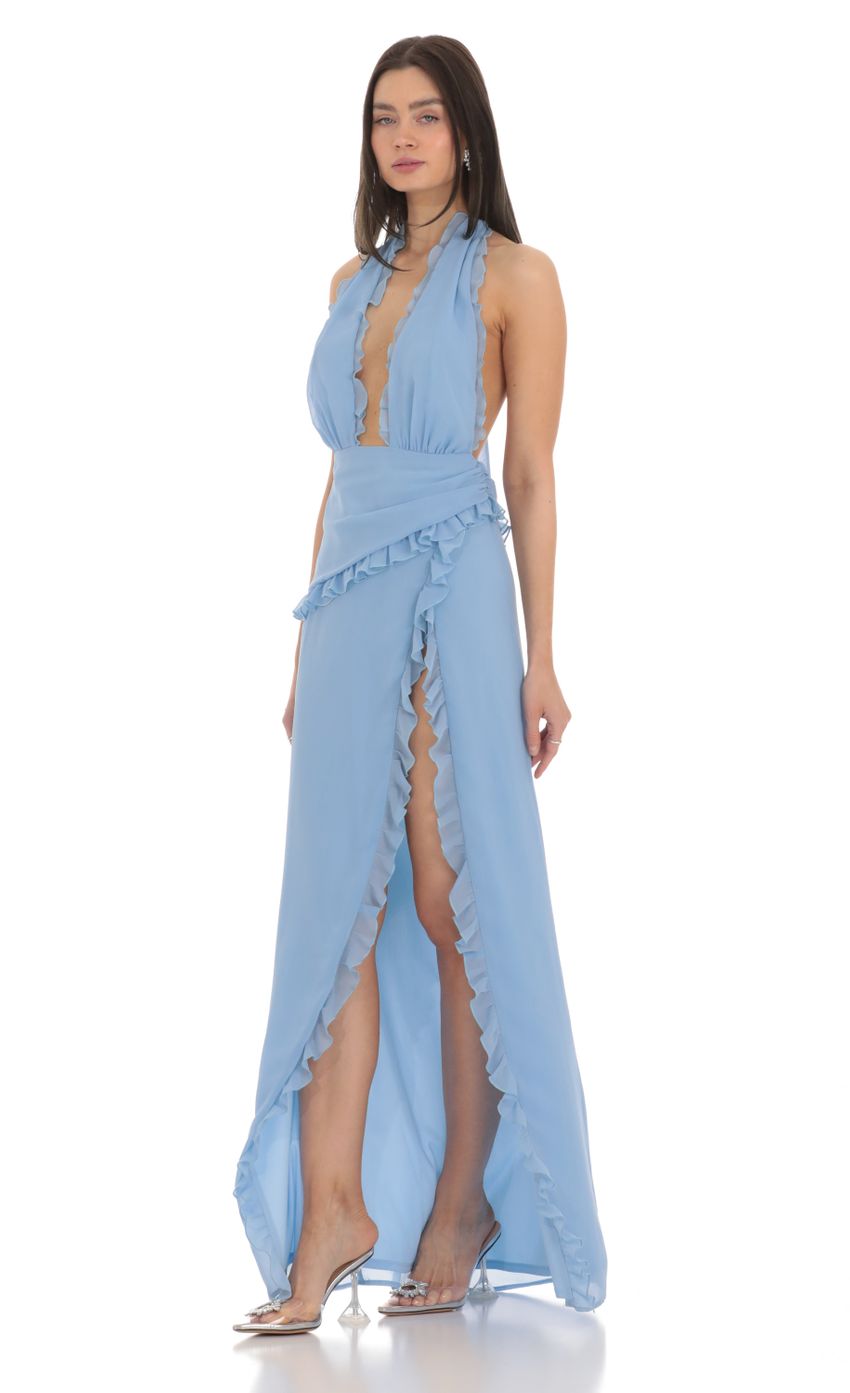 Picture Plunge Neck Halter Dress in Blue. Source: https://media-img.lucyinthesky.com/data/Feb24/850xAUTO/273767d6-10e2-4978-a3e4-3681abcef226.jpg