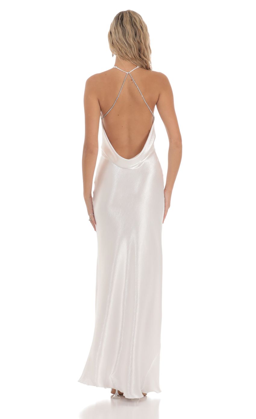 Product image for Rhinestone Satin Open Back Maxi Dress in White
