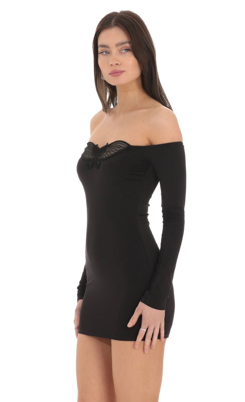 Picture Off Shoulder Butterfly Dress in Black. Source: https://media-img.lucyinthesky.com/data/Feb24/850xAUTO/2c7827e3-d3a6-4d50-a465-c23db7c9ed58.jpg