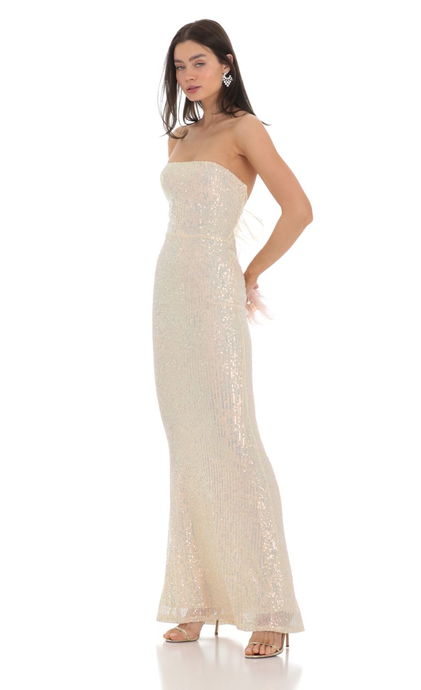 Picture Iridescent Sequin Strapless Maxi Dress in Champagne. Source: https://media-img.lucyinthesky.com/data/Feb24/850xAUTO/3018507e-1eee-4885-aff4-84ea6e128cfe.jpg