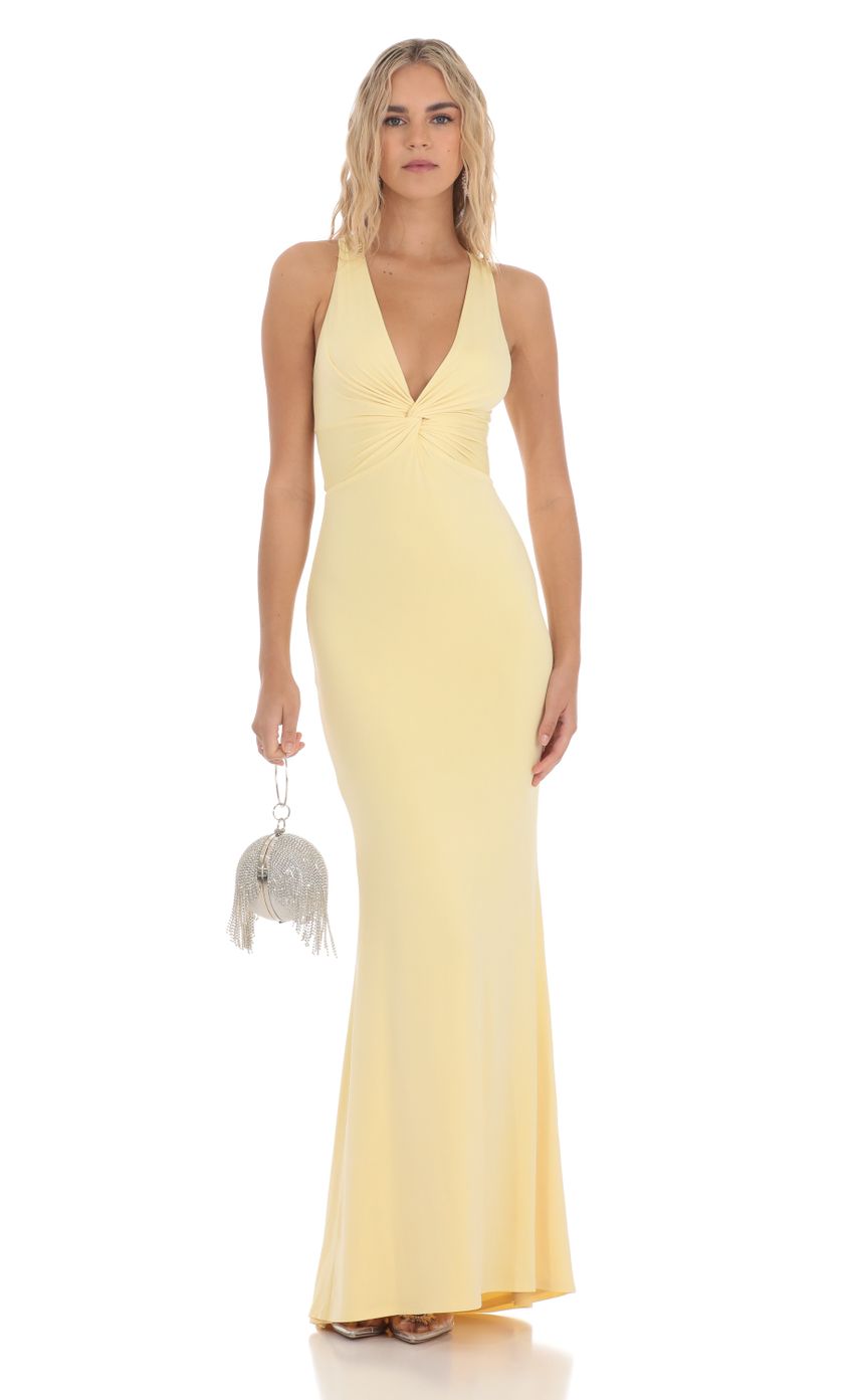 Picture Front Twist V-Neck Maxi Dress in Yellow. Source: https://media-img.lucyinthesky.com/data/Feb24/850xAUTO/38582a8c-77b8-4bd7-ad09-39a8c33d1149.jpg