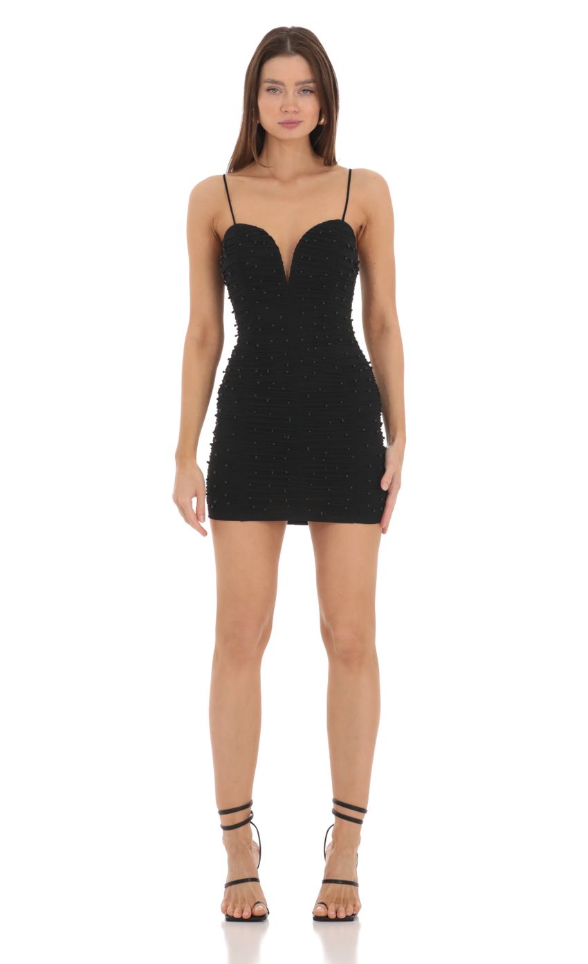 Picture Mesh Ruched Pearl Dress in Black. Source: https://media-img.lucyinthesky.com/data/Feb24/850xAUTO/3969f345-a311-4d2a-971c-b69d8a19a95e.jpg