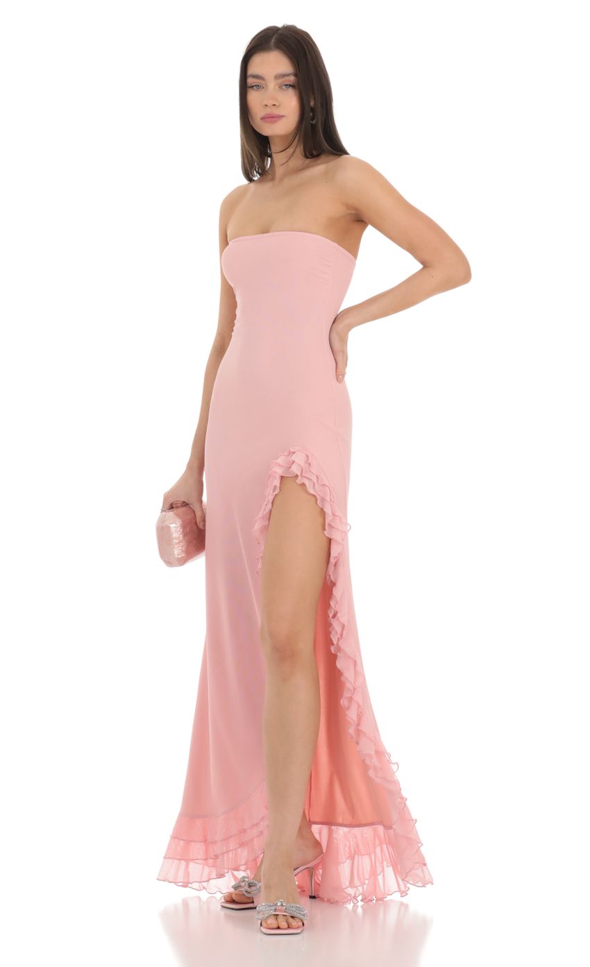 Picture Strapless Mesh Ruffle Maxi Dress in Pink. Source: https://media-img.lucyinthesky.com/data/Feb24/850xAUTO/4e060422-8ca7-4f1b-9c89-fa6224f78a8c.jpg
