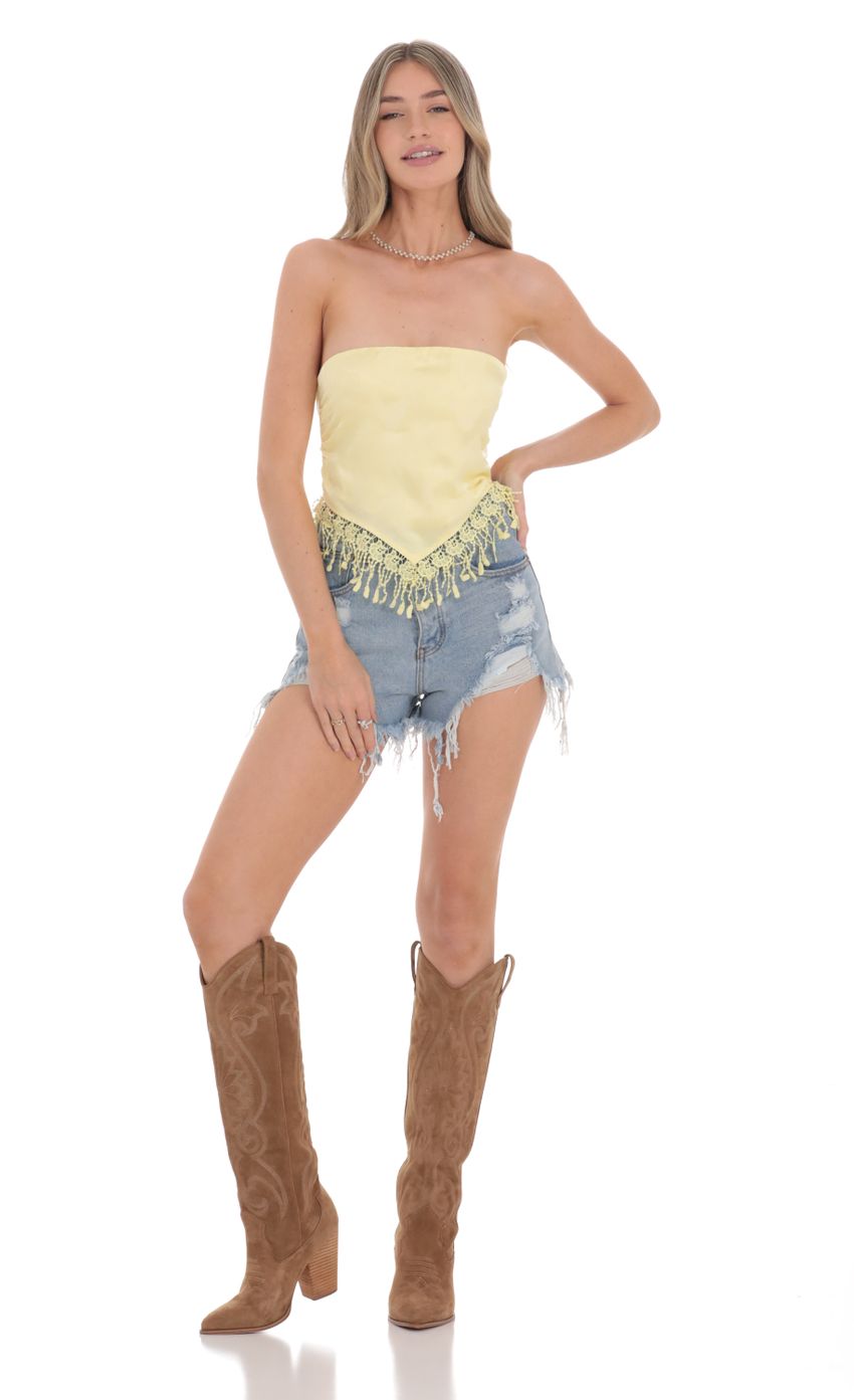 Picture Jacquard Tassel Bandana Top in Yellow. Source: https://media-img.lucyinthesky.com/data/Feb24/850xAUTO/60a36716-77b6-4336-b08c-b88c137e2e29.jpg