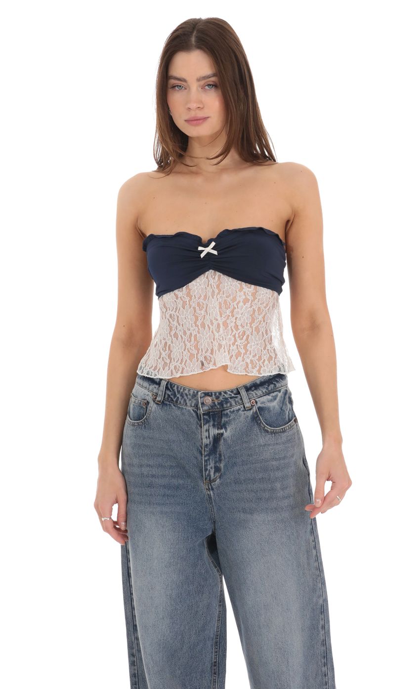 Picture Strapless Lace Top in Navy. Source: https://media-img.lucyinthesky.com/data/Feb24/850xAUTO/61e7f3bf-fc7f-4b3c-bc2a-f7803c8c0d84.jpg