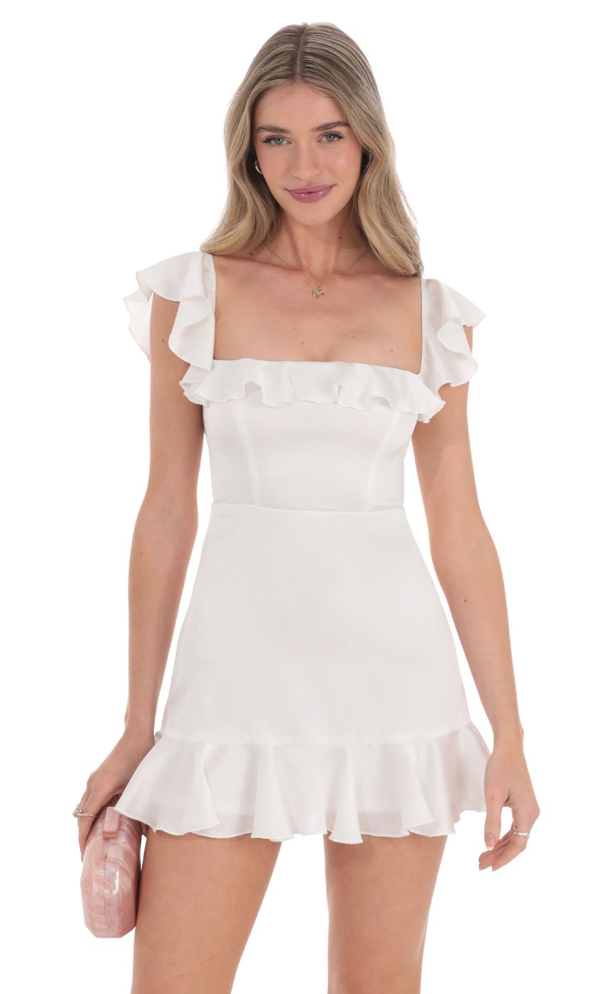 Picture Satin Ruffle Mini Dress in White. Source: https://media-img.lucyinthesky.com/data/Feb24/850xAUTO/73d810b4-5708-4963-8f2f-64c36754c147.jpg
