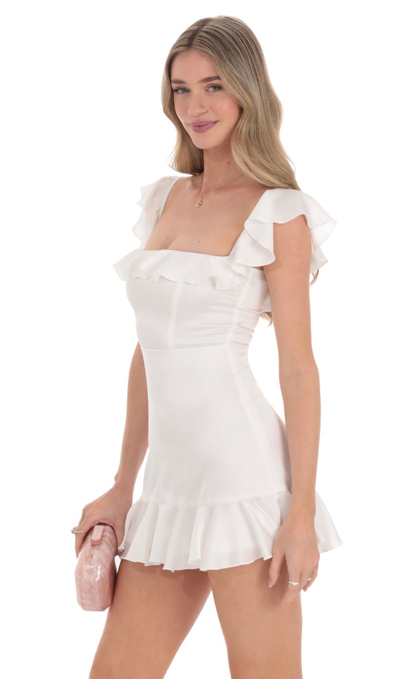 Picture Satin Ruffle Mini Dress in White. Source: https://media-img.lucyinthesky.com/data/Feb24/850xAUTO/8627232f-51d2-49e1-a64c-9c481a44a769.jpg