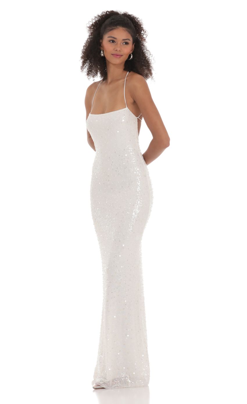 Picture Sequin Mesh Maxi Dress in White. Source: https://media-img.lucyinthesky.com/data/Feb24/850xAUTO/884a1d4e-1ff6-4458-9f5a-3771f6a930fa.jpg