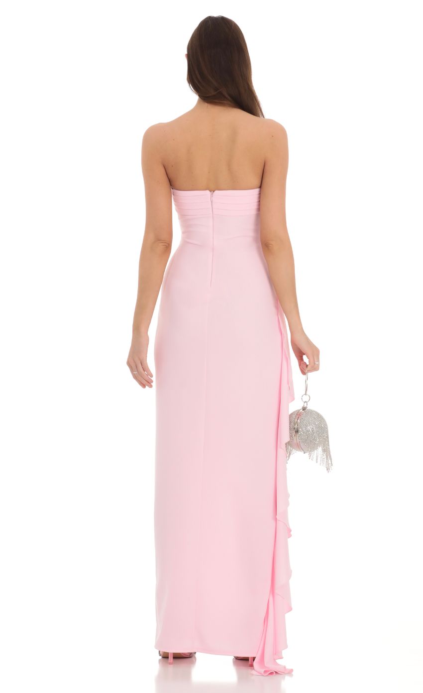 Picture Strapless Ruched Ruffle Maxi Dress in Pink. Source: https://media-img.lucyinthesky.com/data/Feb24/850xAUTO/88a00ec3-c2b1-4555-8267-1cd41a8e7189.jpg