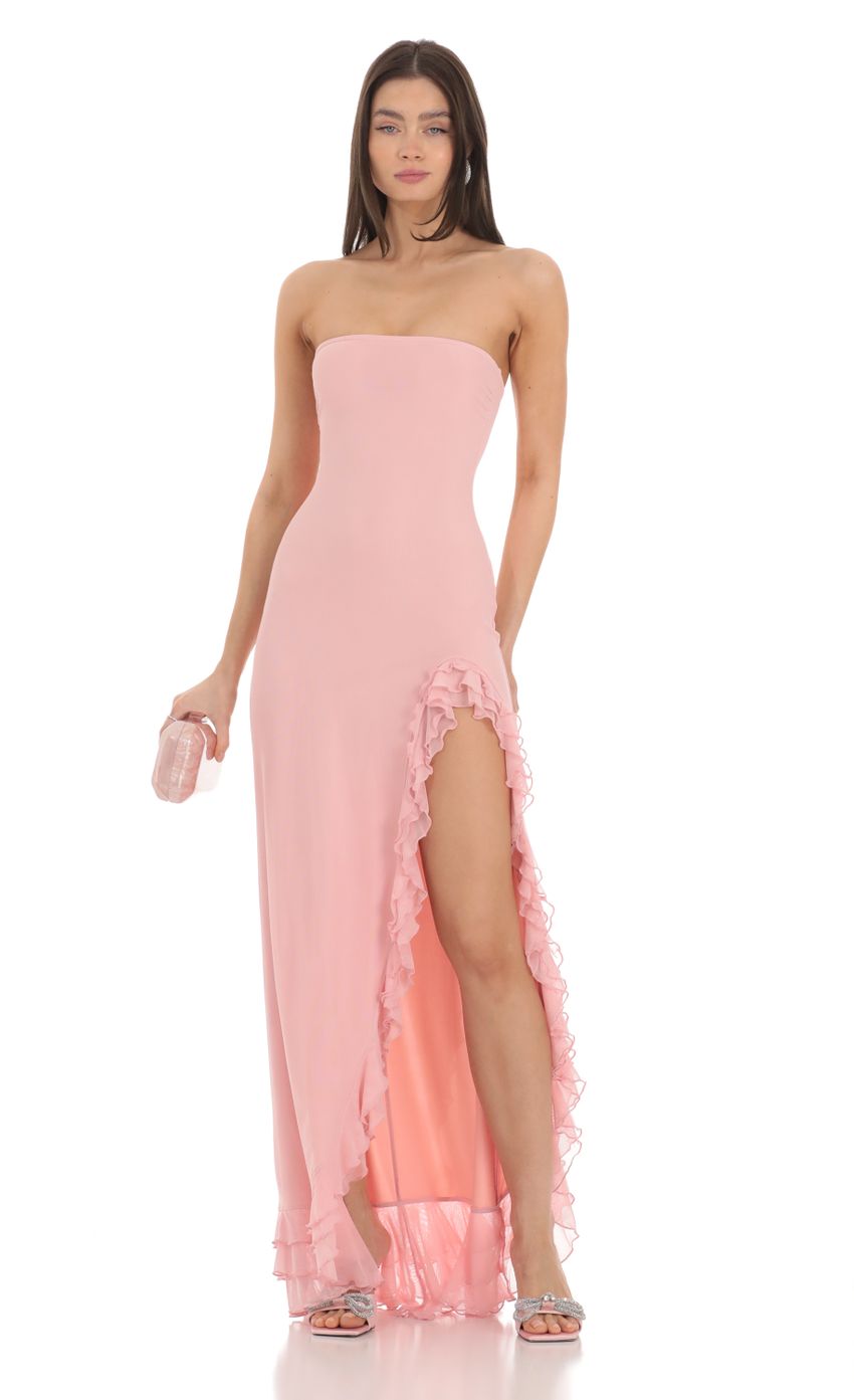 Picture Strapless Mesh Ruffle Maxi Dress in Pink. Source: https://media-img.lucyinthesky.com/data/Feb24/850xAUTO/92c15392-ea3a-4a39-a720-c9282f0d247c.jpg