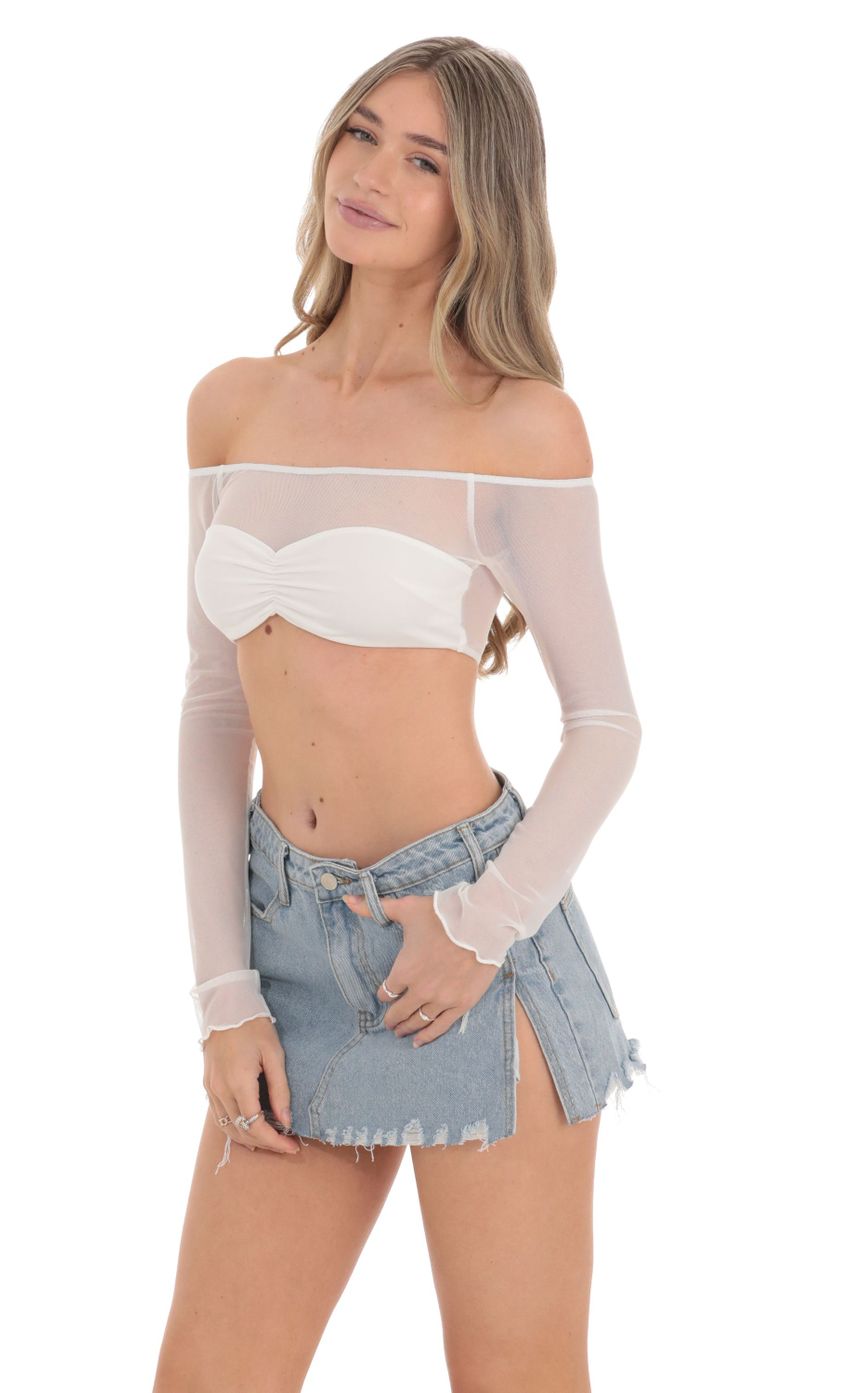 Picture Off Shoulder Mesh Top in White. Source: https://media-img.lucyinthesky.com/data/Feb24/850xAUTO/9583503c-1453-438f-a80d-67b8250213ad.jpg