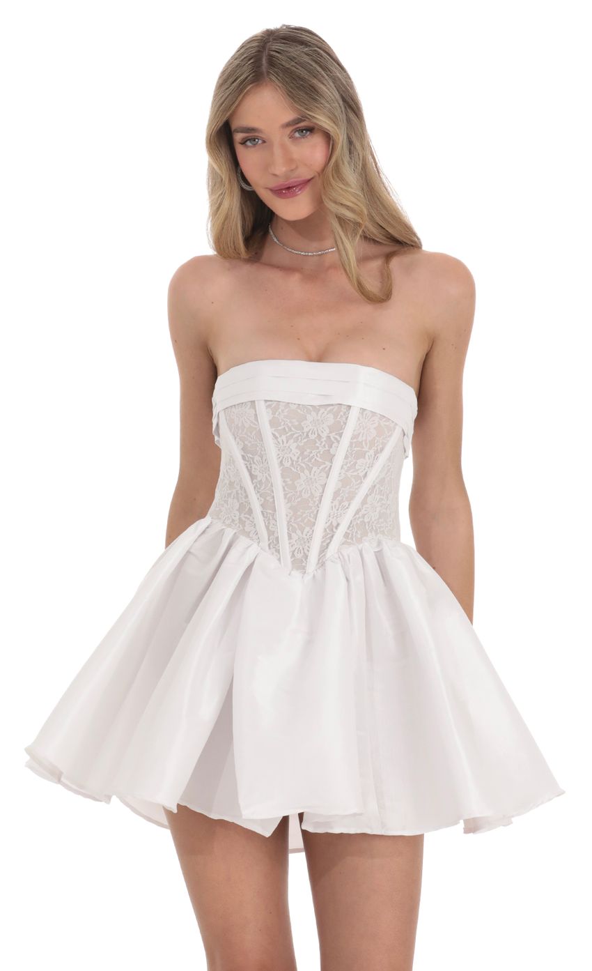 Picture Strapless Lace Corset Flare Dress in White. Source: https://media-img.lucyinthesky.com/data/Feb24/850xAUTO/9bdde6f2-c7b7-47a4-a8aa-53d8813d1325.jpg