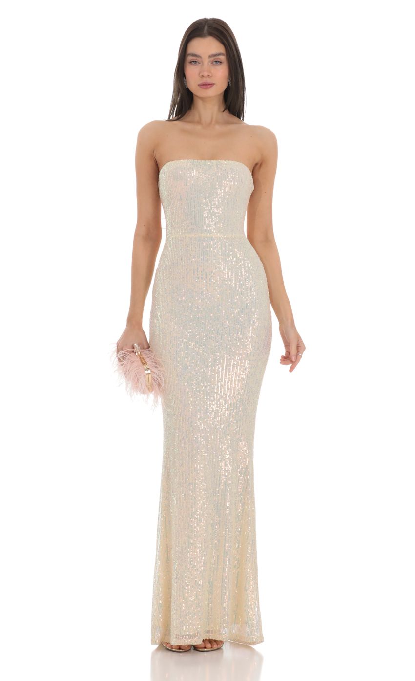 Picture Iridescent Sequin Strapless Maxi Dress in Champagne. Source: https://media-img.lucyinthesky.com/data/Feb24/850xAUTO/a89d2a97-762e-42bb-afed-0dca0ab7cf59.jpg
