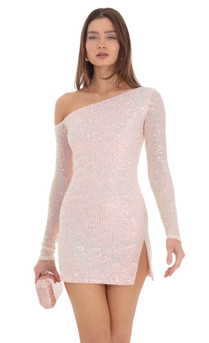 Picture Sequin One Off Shoulder Bodycon Dress in Peach. Source: https://media-img.lucyinthesky.com/data/Feb24/850xAUTO/a9ef9fda-90ba-4952-8424-29064577ecf6.jpg