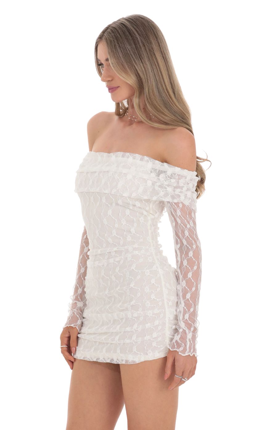 Picture Off Shoulder Long Sleeve Lace Dress in White. Source: https://media-img.lucyinthesky.com/data/Feb24/850xAUTO/ab037c84-d1ae-4451-8eb9-d61862a1fce3.jpg