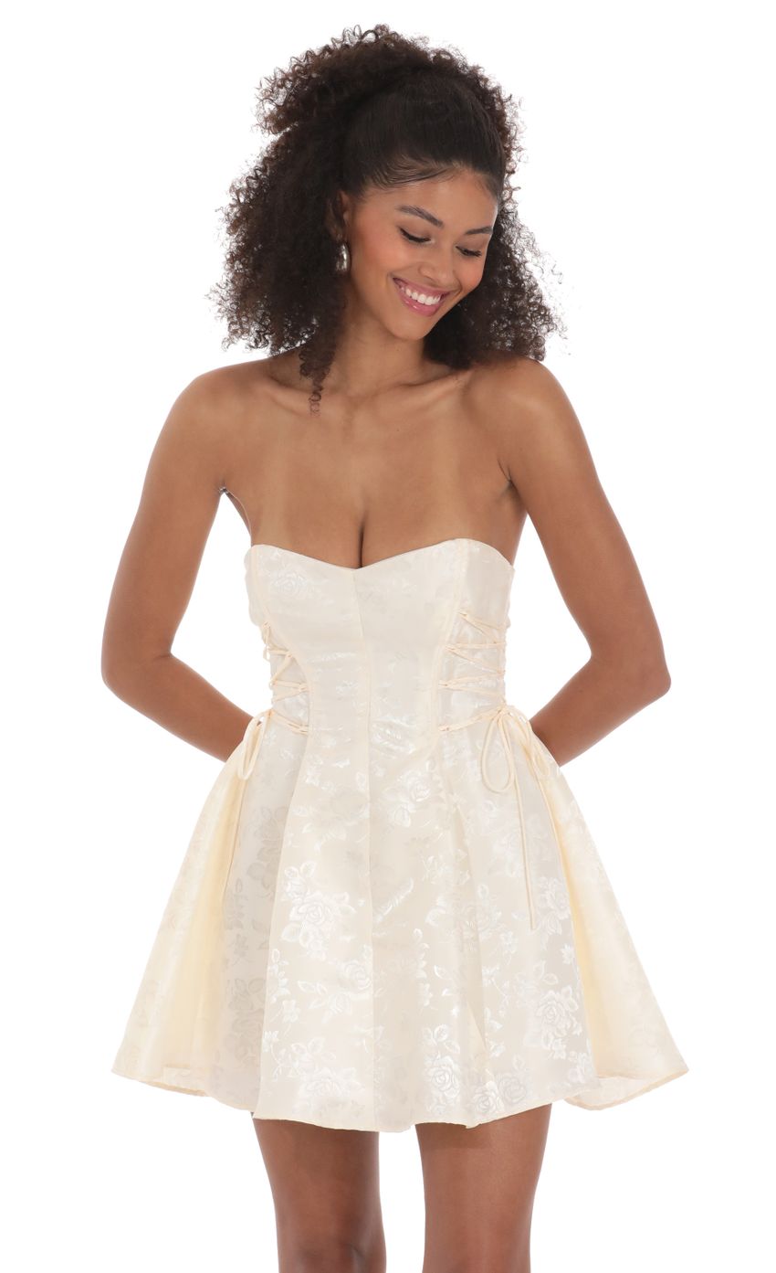 Picture Strapless Jacquard A-Line Dress in Pale Yellow. Source: https://media-img.lucyinthesky.com/data/Feb24/850xAUTO/abba0ab1-880f-4761-8799-a1a6817b9730.jpg