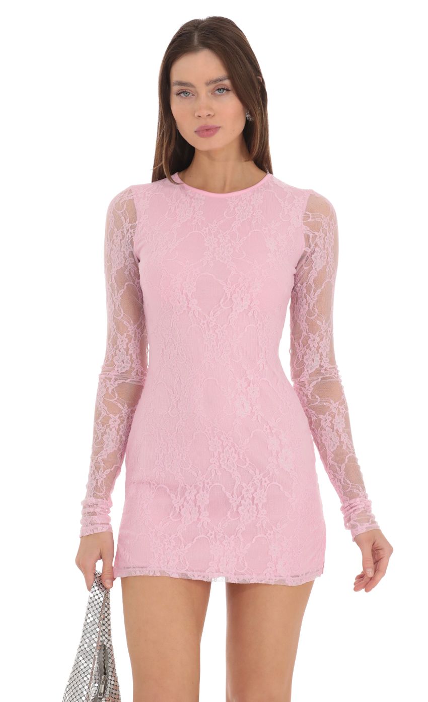 Picture Long Sleeve Lace Dress in Pink. Source: https://media-img.lucyinthesky.com/data/Feb24/850xAUTO/b5647b79-b674-453a-b943-44b88d212d67.jpg