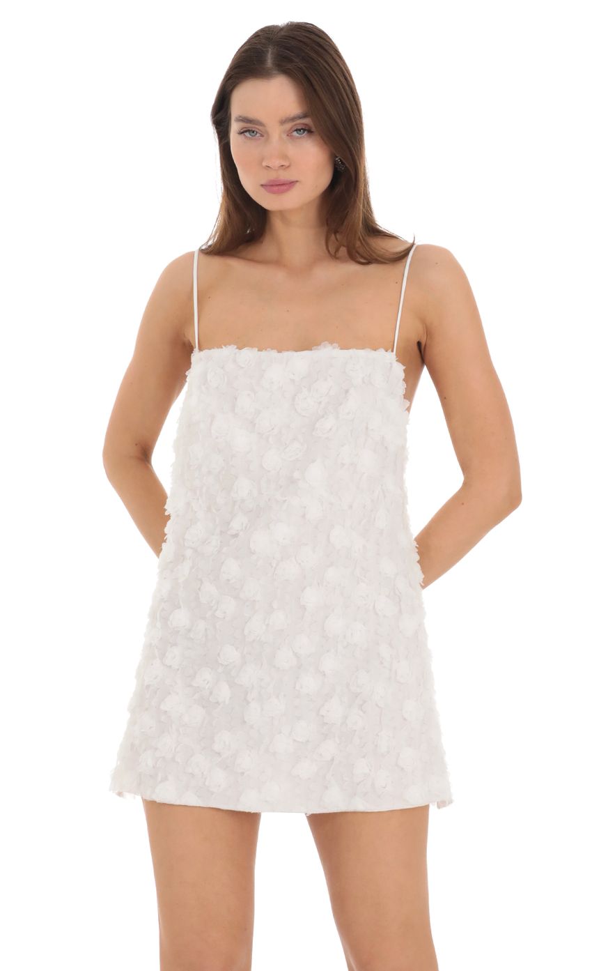 Picture 3D Floral Shift Dress in White. Source: https://media-img.lucyinthesky.com/data/Feb24/850xAUTO/b69b143c-4e8f-4f73-a9c2-ee5f22ec4358.jpg