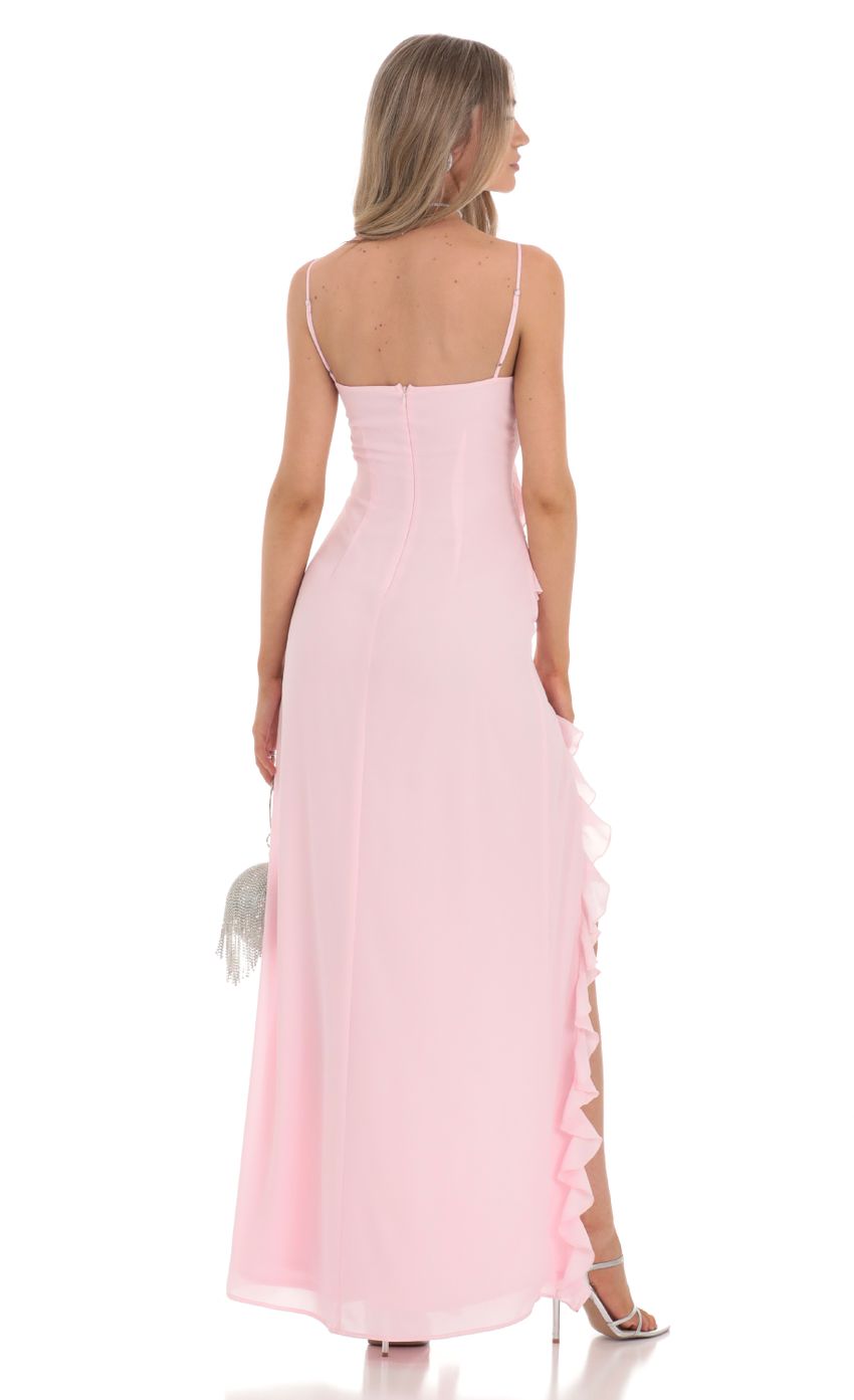 Picture Ruffle V-Neck Maxi Dress in Pink. Source: https://media-img.lucyinthesky.com/data/Feb24/850xAUTO/b94b4930-9851-41f9-b1e5-75cd3279d941.jpg