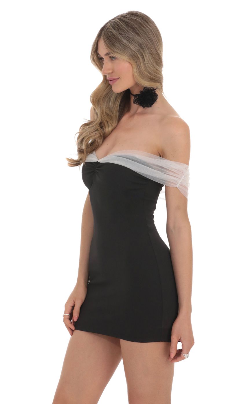 Picture Off Shoulder Tulle Bodycon Dress in Black. Source: https://media-img.lucyinthesky.com/data/Feb24/850xAUTO/c60e078c-690f-49c2-8cac-1ad510bd756c.jpg