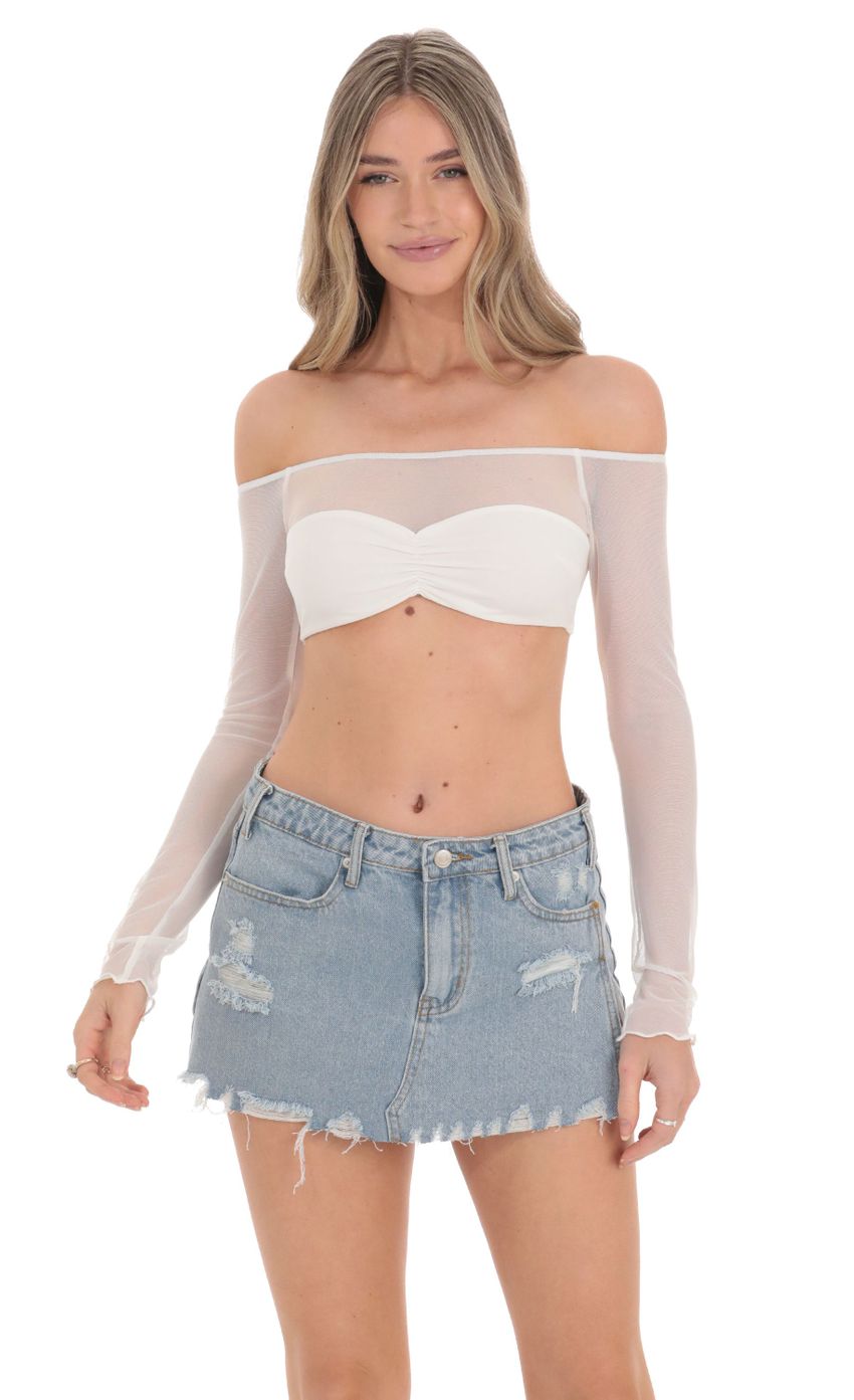 Picture Off Shoulder Mesh Top in White. Source: https://media-img.lucyinthesky.com/data/Feb24/850xAUTO/ccc369e5-00fe-4243-b8d3-7ac72ad3b8ac.jpg