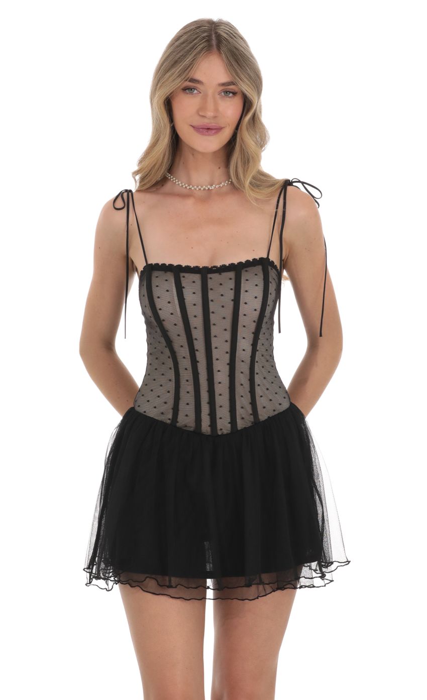 Picture Dotted Mesh Corset Dress in Black. Source: https://media-img.lucyinthesky.com/data/Feb24/850xAUTO/cf6c82c8-a85a-4940-a3b7-ddc601f8c95e.jpg
