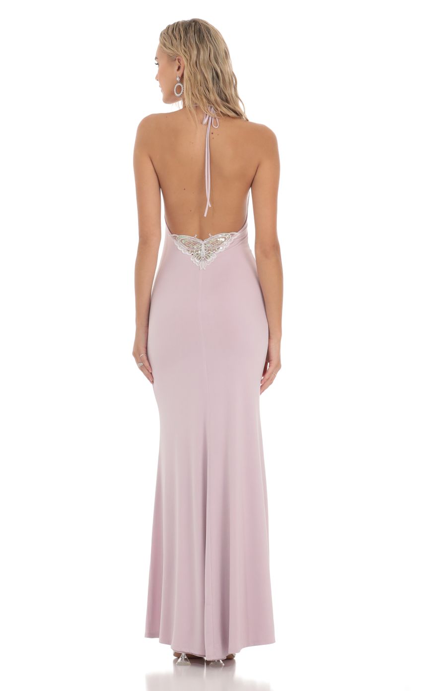 Picture Halter Open Back Butterfly Maxi Dress in Lilac. Source: https://media-img.lucyinthesky.com/data/Feb24/850xAUTO/d032ac72-7110-4f71-b4e0-08055d0a7cfb.jpg