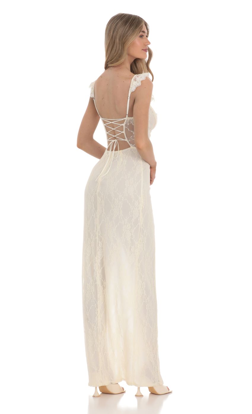 Picture Lace Ruffle Sleeve Maxi Dress in Cream. Source: https://media-img.lucyinthesky.com/data/Feb24/850xAUTO/d80cf39f-578e-4fee-8142-0e638d3c4293.jpg