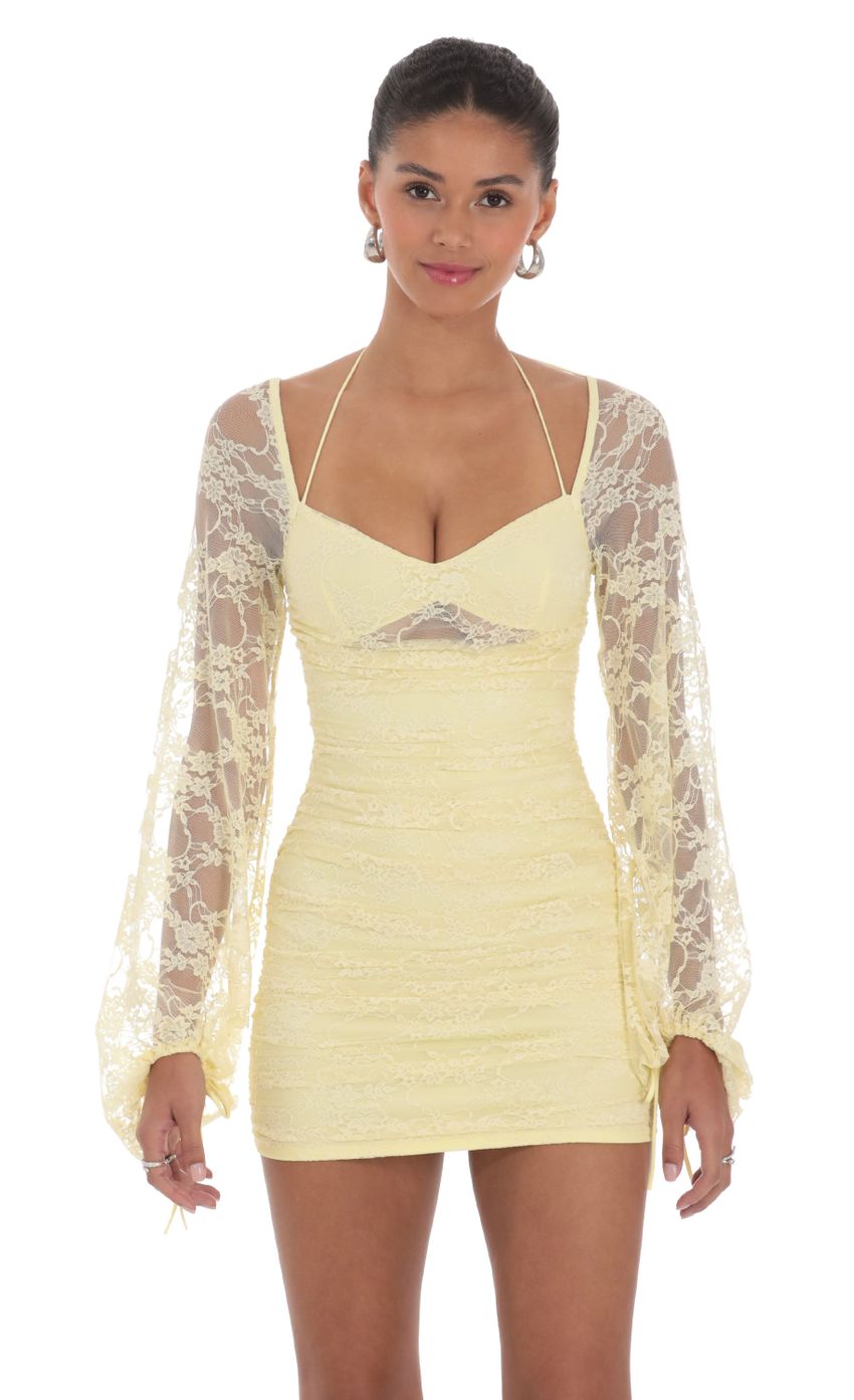Picture Lace Ruched Long Sleeve Dress in Yellow. Source: https://media-img.lucyinthesky.com/data/Feb24/850xAUTO/e633b64e-8ffe-40b6-940c-adb34b278d8a.jpg