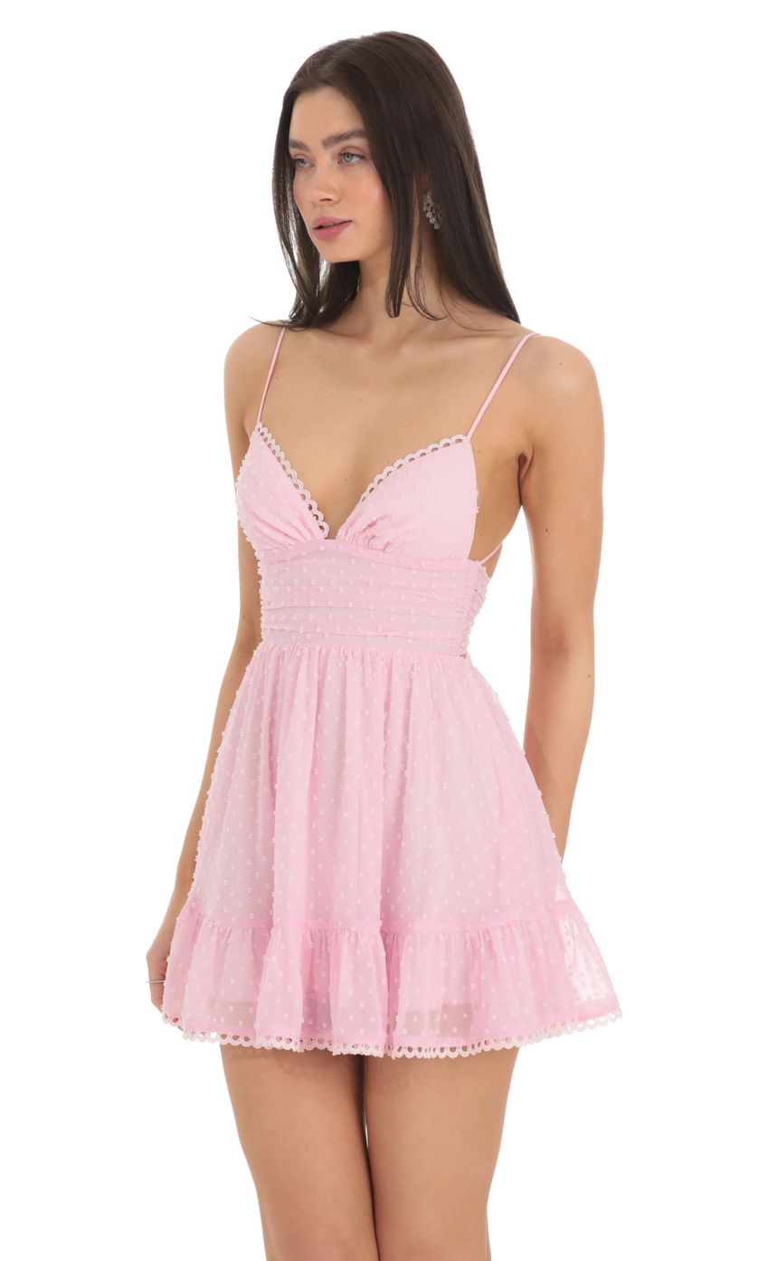 Picture Dotted V-Neck A-line Dress in Pink. Source: https://media-img.lucyinthesky.com/data/Feb24/850xAUTO/f0fcb8c5-0fd8-4c50-8764-f8c91a9c88aa.jpg