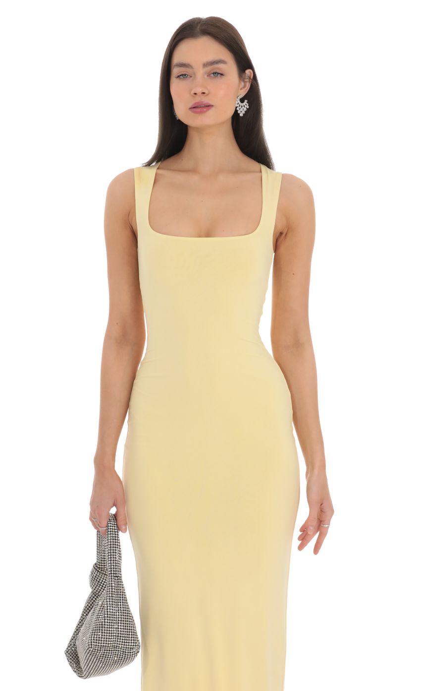 Picture Square Neck Bodycon Midi Dress in Yellow. Source: https://media-img.lucyinthesky.com/data/Feb24/850xAUTO/f675b1e8-382e-4a3c-bc5c-7efed71ec20c.jpg