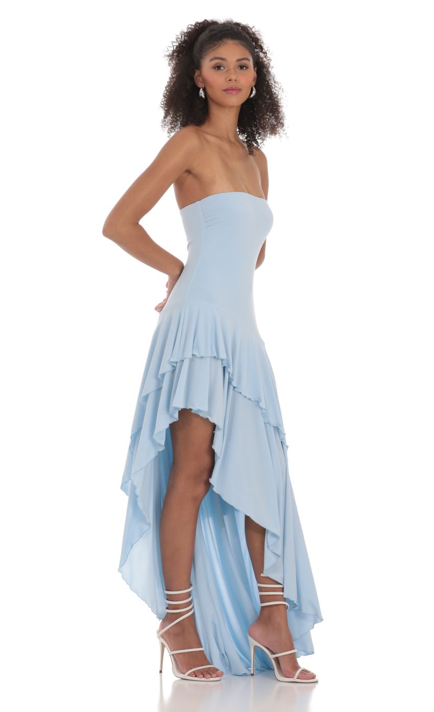 Picture Strapless Ruffle Asymmetrical Maxi Dress in Blue. Source: https://media-img.lucyinthesky.com/data/Feb24/850xAUTO/fbab52d9-fc4d-4a4e-a30e-d27c1cd19639.jpg