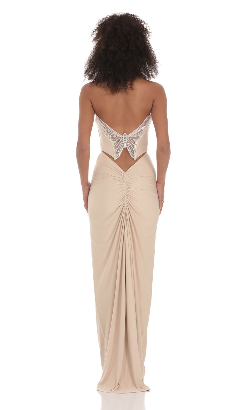 Picture Strapless Corset Sequin Butterfly Maxi Dress in Beige. Source: https://media-img.lucyinthesky.com/data/Feb24/850xAUTO/fdc3cd76-6132-46c1-a622-841d2cc3e4a6.jpg